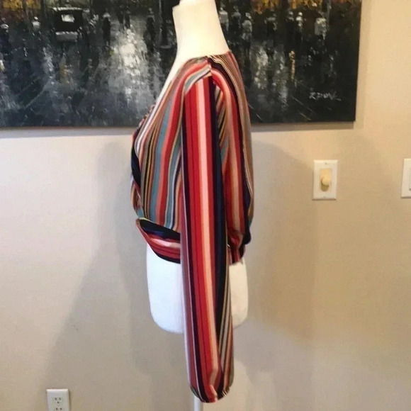 Polly & Esther Vibrant Striped Button Front Long Sleeved Cropped Top-Size L - Picture 3 of 5